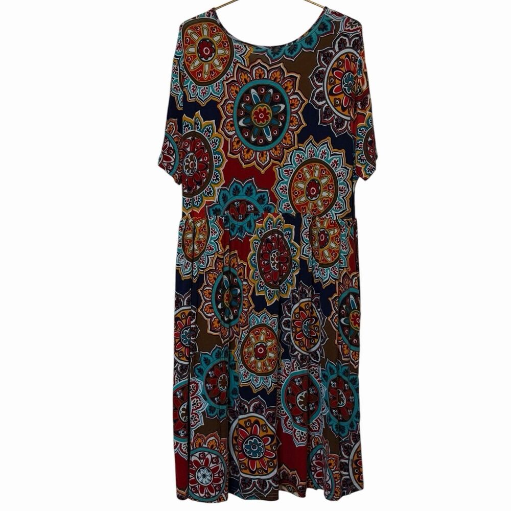 Boho Midi Dress Womens 3XL Multicolor Mandala DB Moon Pocket Short Sleeve - Picture 3 of 11